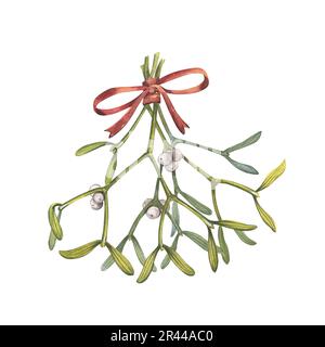 Ramo natalizio con arco a nastro rosso isolato su sfondo bianco. Acquerello disegno a mano illustrazione botanica. Arte per la pubblicità del design, Foto Stock