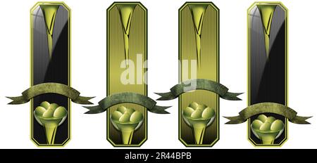 Raccolta di quattro etichette verticali per olio d'oliva con spazio copia, isolate su sfondo bianco. Illustrazione 3D. Foto Stock