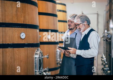 Vinicoltore che lavora in una grande e moderna cantina fabbrica liquore industria di monitoraggio della qualità e della fermentazione Foto Stock