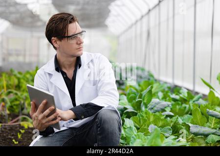 Uomo contadino moderno che utilizza un computer tablet per monitorare lo sviluppo del concetto di tasso di crescita delle piante Foto Stock