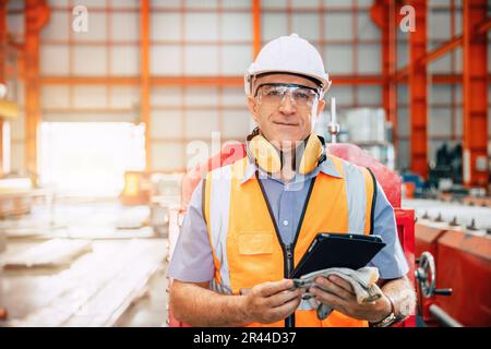 Capo tecnico senior ritratto che lavora in fabbrica di metalli pesanti mano tenere tablet. Foto Stock