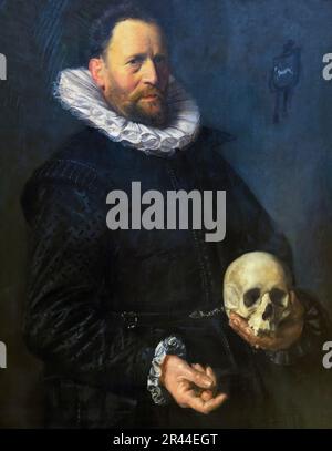 Un ritratto di un uomo in possesso di un cranio, Frans Hals, circa 1610, Foto Stock