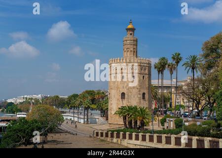 Torre del Oro (Torre d'Oro) sul fiume Guadalquivir - Siviglia, Andalusia, Spagna Foto Stock