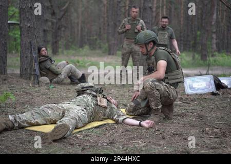 Soldati delle forze armate di UkraineÕs la fanteria regolare riceve un'intensa formazione medica da volontari della Fondazione Prytula. Gli istruttori della fondazione apprendono dagli esperti della formazione medica occidentale TCCC in stile NATO. I soldati della grande base militare simulano le condizioni in prima linea, vivendo nella foresta e scavando trincee per lunghi periodi di tempo. Foto Stock