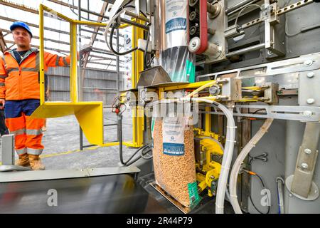 Grand-Couronne (Normandia, Francia settentrionale): Sito di TotalEnergies in cui le pellets di legno vengono messe in sacchi e caricate Foto Stock