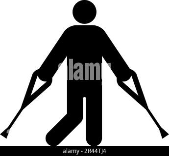 Uomo con crutches crutches gamba rotta in gesso fuso lesione ossea frattura icona nero colore vettore illustrazione immagine piatto stile semplice Illustrazione Vettoriale