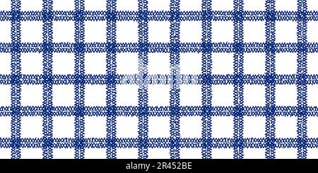 Windowpane plaid motivo senza giunture blu e bianco con linee di schizzo doppie. Abito in lana. Design maschile elegante. Semplice sfondo monocromatico. Illustrazione Vettoriale