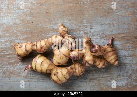 mucchio di razomi o tuberi di pianta di canna o di tiro indiano, canna indica, yam medicinale di valore nativo alle regioni tropicali e subtropicali isolate su boscosa Foto Stock