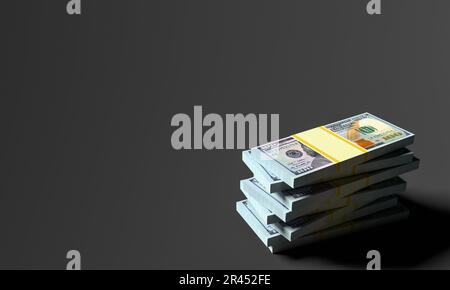 Pile di denaro da dollari con sfondo nero vuoto. Finanza del dollaro concettuale. rendering 3d Foto Stock