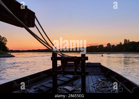 Gita in barca sul fiume Loira tra la Possoniere e Behuard al tramonto Foto Stock