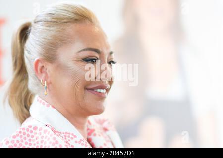 Madrid, Spagna. 26th maggio, 2023. Belen Esteban presenta il suo nuovo prodotto Gazpacho al ristorante Bocanegra di Madrid. Credit: SOPA Images Limited/Alamy Live News Foto Stock