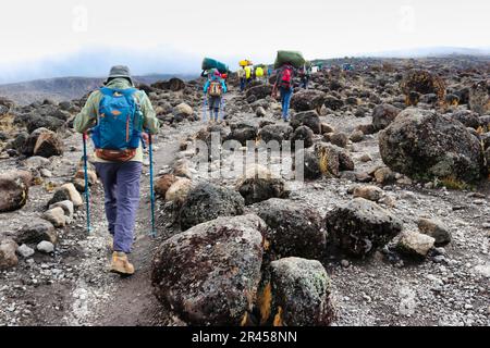 26th dicembre 2017, Kilimanjaro, Tanzania - un escursionista è raffigurato nella regione della brughiera del campo di Shira di Kilimanjaro, Tanzania Foto Stock