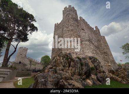 Anadolu Hisari, o Castello Anatoliano, una fortezza ottomana medievale del 13th ° secolo costruita dal Sultano Bayezid i, e situato sul lato anatoliano del Bosforo nel quartiere Beykoz, Istanbul, Turchia Foto Stock