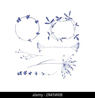 Rami foglie e fiori silhouette disegnano su sfondo bianco Illustrazione Vettoriale