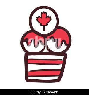 Gelato con bandiera canadese. Giorno del Canada. Foglia d'acero come simbolo. Primo di luglio. Il simbolismo è rosso e bianco. Illustrazione Doodle. Cartolina, banner Illustrazione Vettoriale