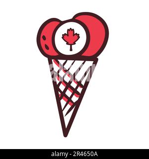 Giorno del Canada. Gelato con bandiera canadese. Foglia d'acero come simbolo. Primo di luglio. Il simbolismo è rosso e bianco. Illustrazione Doodle. Cartolina, banner Illustrazione Vettoriale