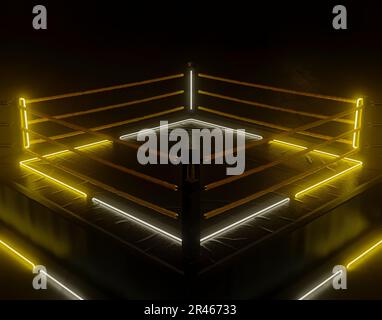 Un concetto futurista cyberpunk di un anello di wrestling illuminato da luci al neon gialle illuminate su uno sfondo isolato scuro - rendering 3D Foto Stock