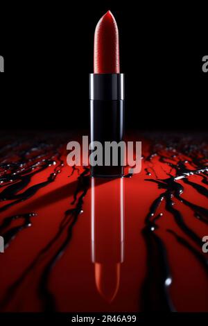 Rossetto femmina rosso mock su uno sfondo specchio con una texture liquida nera versato. Presentazione di branding e packaging. Trucco donna bellezza prod Foto Stock