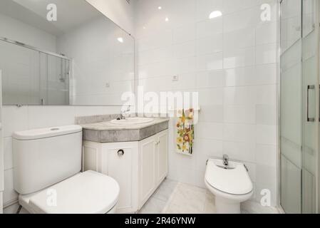 Un lavabo con un lavabo incassato in un piano in marmo grigio, un grande specchio rettangolare senza cornice e una cabina doccia con divisori in vetro Foto Stock