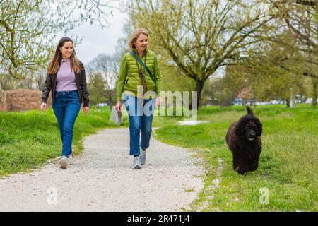 Madre e figlia con cane che cammina nel parco all'aperto. Concetto di tempo libero trascorso in natura e attività all'aperto con animali domestici Foto Stock