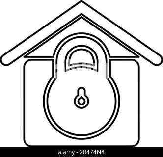 Serratura casa protezione con lucchetto chiuso concetto di sicurezza difesa contorno linea icona nero colore vettore illustrazione immagine sottile Illustrazione Vettoriale