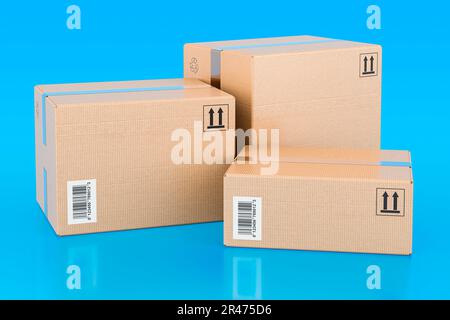 Tre pacchi. Concetto di spedizione e logistica su sfondo blu, rendering 3D Foto Stock