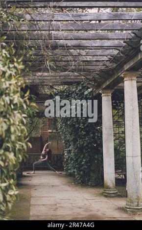 Una giovane adulta nuova insegnante di yoga in guerriero inverso posa all'aperto in una splendida posizione con colonne, travi di legno, piante e foglie. Usura g Foto Stock