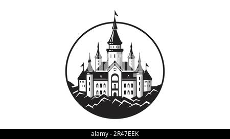 Icona del castello nero vettoriale, logo. Illustrazione vettoriale isolata su sfondo bianco. Illustrazione Vettoriale
