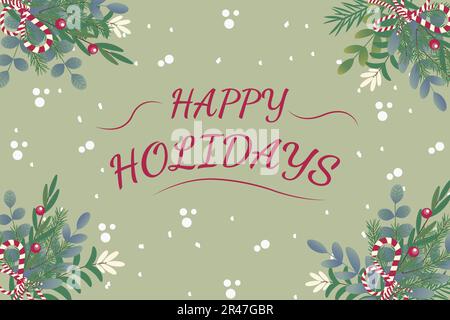 Testo vettoriale di Happy Holidays sullo sfondo. Design delle feste per inviti e biglietti d'auguri, stampe e poster. Illustrazione Vettoriale