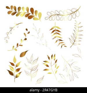 Set di elementi floreali dorati. Foglie d'oro. Concetto di matrimonio - fiori. Poster floreale, invito. Disposizioni vettoriali per biglietti d'auguri o inviti desi Illustrazione Vettoriale