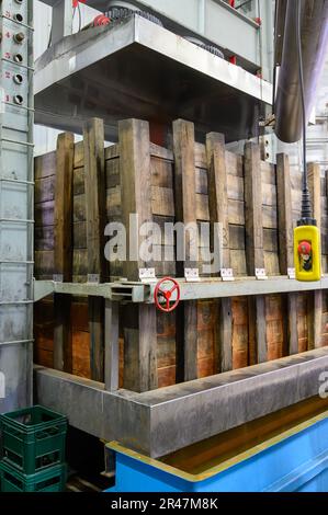 Pressa per la produzione di sidro Asturiano naturale tradizionale fatto da mele fermentate in botti di legno per diversi mesi dovrebbe essere versato da grande hei Foto Stock