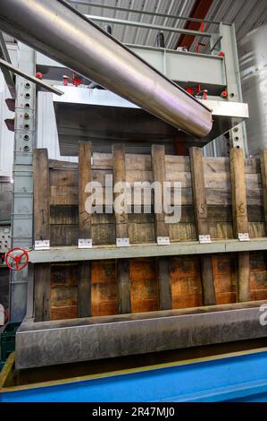 Pressa per la produzione di sidro Asturiano naturale tradizionale fatto da mele fermentate in botti di legno per diversi mesi dovrebbe essere versato da grande hei Foto Stock