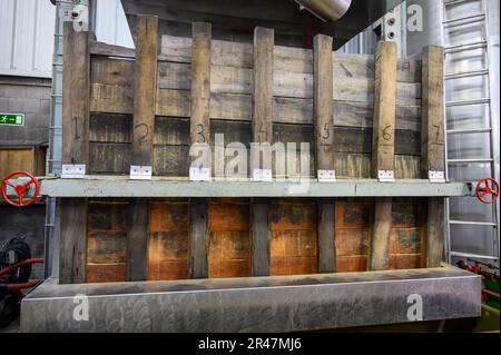 Pressa per la produzione di sidro Asturiano naturale tradizionale fatto da mele fermentate in botti di legno per diversi mesi dovrebbe essere versato da grande hei Foto Stock