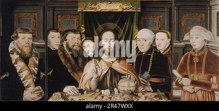 Ignoto pittore tedesco - Cristo benedicente, circondato da un donatore e la sua famiglia - c. 1575-80 Foto Stock