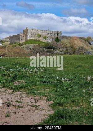 Una verticale di un vecchio castello sulla cima di una collina verde in una giornata nuvolosa in Galles, Regno Unito Foto Stock