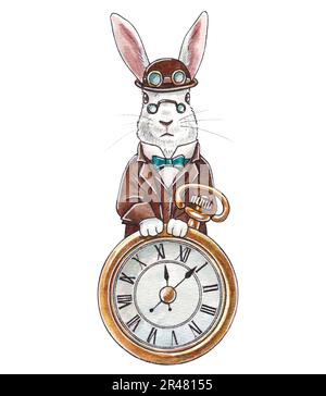 Coniglio bianco con orologio a vapore. Acquerello raffigurazione disegnata a mano di una lepre carina in tuta marrone, cappello e orologio. Clipart per cartoline, s Foto Stock
