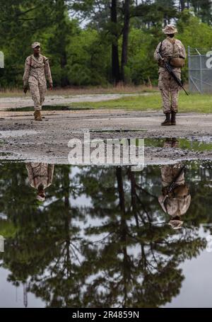 NEGLI STATI UNITI Marine Corps Drill istruttore corregge un reclutamento da Hotel Company, 2nd reclutamento addestramento battaglione, durante il corso di navigazione terrestre sul Marine Corps Reruit Depot Parris Island, South Carolina, 28 marzo 2023. La recluta non aveva una mano sulla sua arma, che le reclute sono istruite a fare per mantenere un controllo positivo delle armi. Foto Stock