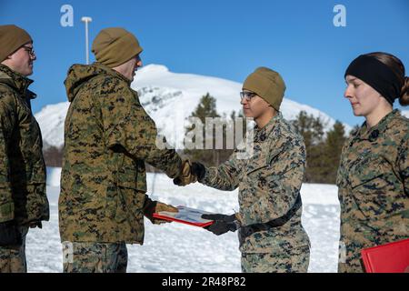 STATI UNITI Navy Petty Officer Classe 3rd, Kevin AyalaCalderon, un corpsman con 2D Combat Engineer Battalion, 2D Marine Division, riceve il dispositivo Fleet Marine Force (FMF) a Setermoen, Norvegia, Math 28, 2023. Il pin FMF indica gli Stati Uniti Ufficiali navali e marinai addestrati e qualificati per svolgere compiti a sostegno degli Stati Uniti Corpo marino. Foto Stock