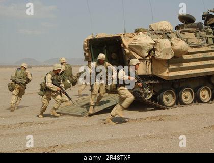 US Navy U.S.A. Marines assegnato a 2nd battaglione, 2nd Marines, Echo Company, 24th Marine Expeditionary Unit (MEU) Special Operations Capable (SOC) sbarcano da un veicolo d'assalto anfibio (AAV) per condurre un Foto Stock