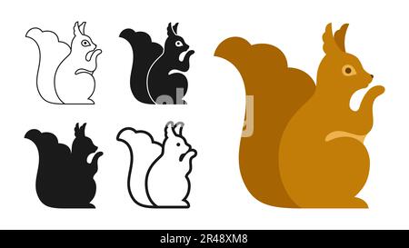 Set di cartoni animati selvatici scoiattolo roditore. Simbolo di scoiattoli rosso foresta, linea scarabeo, francobollo o silhouette collezione. Icona di animale di carattere divertente piatto. Disegno semplice astratto zoo vettore illustrazione Illustrazione Vettoriale