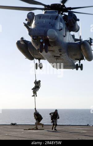 US NAVY A U.S. Navy SEAL (mare, aria e terra) fast-ropes da un elicottero MH-53 a nave bassa Foto Stock
