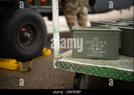 Lattine di munizioni calibro 50 si siedono su un carrello prima di essere caricate su un falco HH-60G alla base aerea di Kadena, Giappone, 29 marzo 2023. Il pavé Hawk può essere equipaggiato con due mitragliatrici calibro 7,62mm o .50. Foto Stock