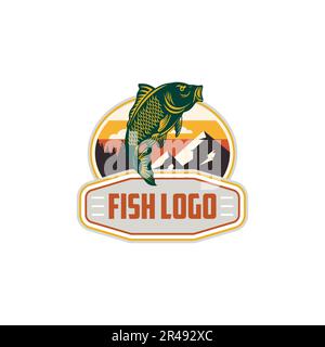 logo fish, design del logo food, design vintage per ristoranti e aziende in modello vettoriale Illustrazione Vettoriale