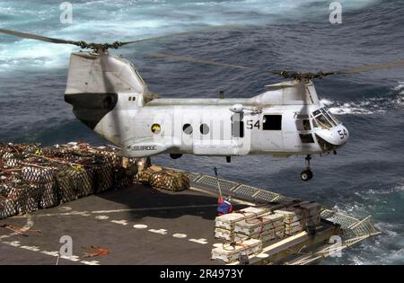 US Navy Un cavaliere marino CH-46 assegnato ai ''Gunbearers'' di Helicopter Combat Support Squadron Eleven (HC-11) Foto Stock