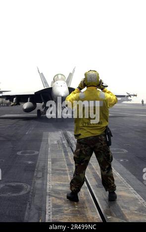 US Navy Aviation Boatswain's Mate 1st Class dirige un Super Hornet F-A-18E assegnato ai Tophatters di Strike Fighter Squadron quattordici (VFA-14) in posizioni Foto Stock