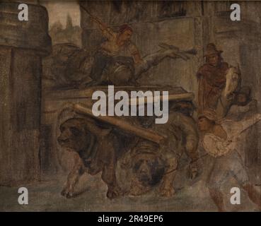 Operai romani che trasportano una statua imperiale antica dal Colosseo attraverso l'Arco di Tito ai Musei Capitolini. Studio, 1866-1867. Foto Stock