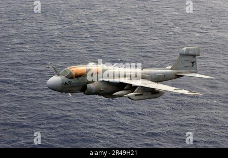 US Navy un EA-6B Prowler assegnato ai Black Ravens of Electronic Attack Squadron uno trentacinque (VAQ-135) vola sopra l'Oceano Pacifico occidentale Foto Stock