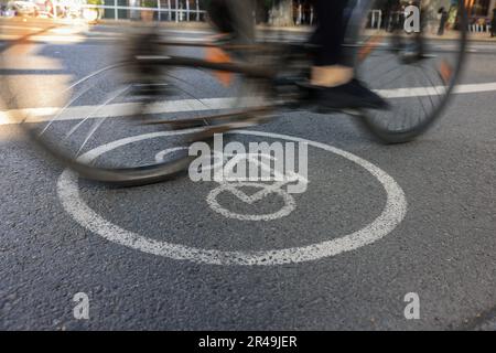 Lipsia, Germania. 25th maggio, 2023. Un ciclista sta guidando su una pista ciclabile. I ciclisti devono sempre viaggiare sul lato destro della strada. L'obbligo di utilizzare una pista ciclabile (separata dalla carreggiata) si applica solo se è contrassegnata con uno dei tre segnali blu della pista ciclabile, afferma il regolamento sul traffico stradale (StVO). (A dpa 'Ciclismo: Di selle malvagie e caschi buoni') Credit: Jan Woitas/dpa/Alamy Live News Foto Stock