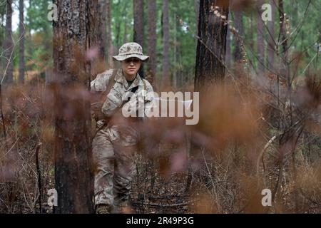 NEGLI STATI UNITI Marine Corps Recruit da Hotel Company, 2nd reclutamento addestramento battaglione, naviga attraverso i boschi durante il corso di navigazione terrestre su Marine Corps Recruit Depot Parris Island, South Carolina, 28 marzo 2023. Durante il corso, le reclute hanno dovuto navigare in vari punti di una mappa utilizzando una bussola. Foto Stock