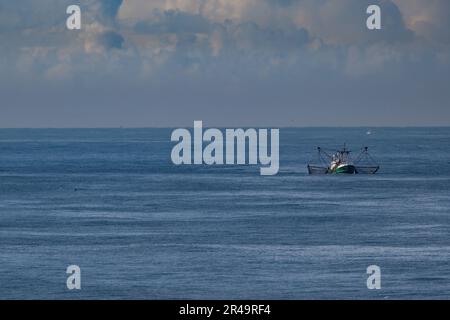 Una taglierina con reti di trascinamento sollevate sul Mare del Nord Foto Stock